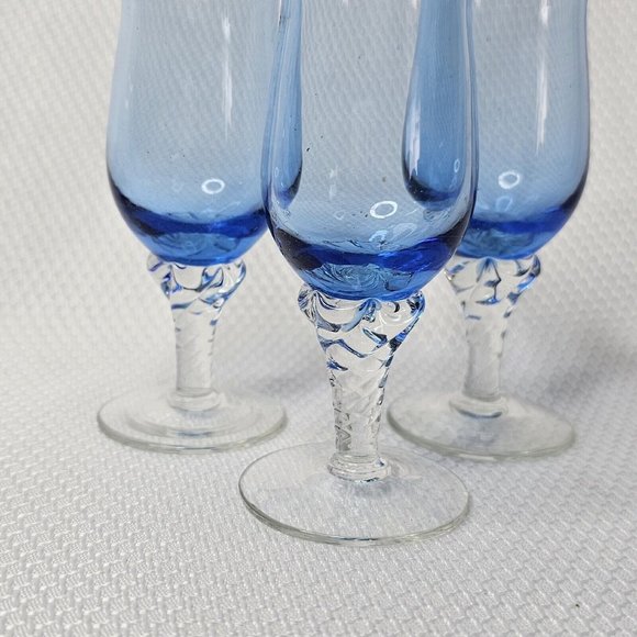 3 Vintage Blue Twisted Stem Shot Aperitif Cordial Glasses 4.5" barware stemware - Picture 4 of 10